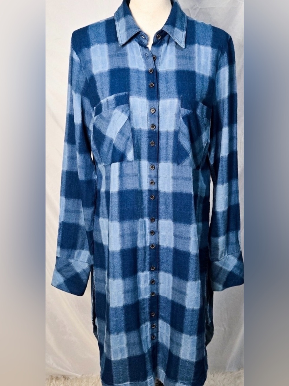 Free People Blue Plaid Flannel Tunic Button Down Shirt Long
Line Boho Grunge 90s